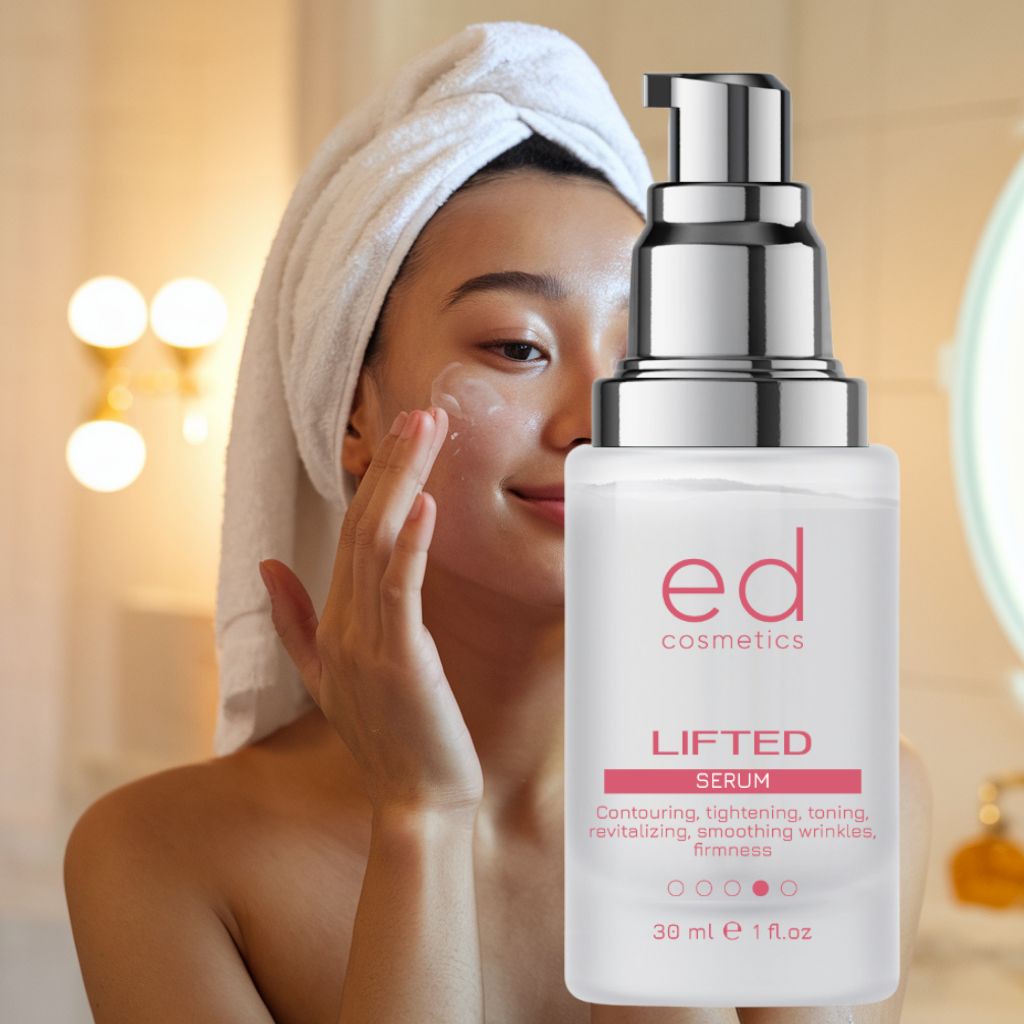 Donna che applica il siero. Specchio sullo sfondo. Scritta "ed cosmetics" e "LIFTED Serum".