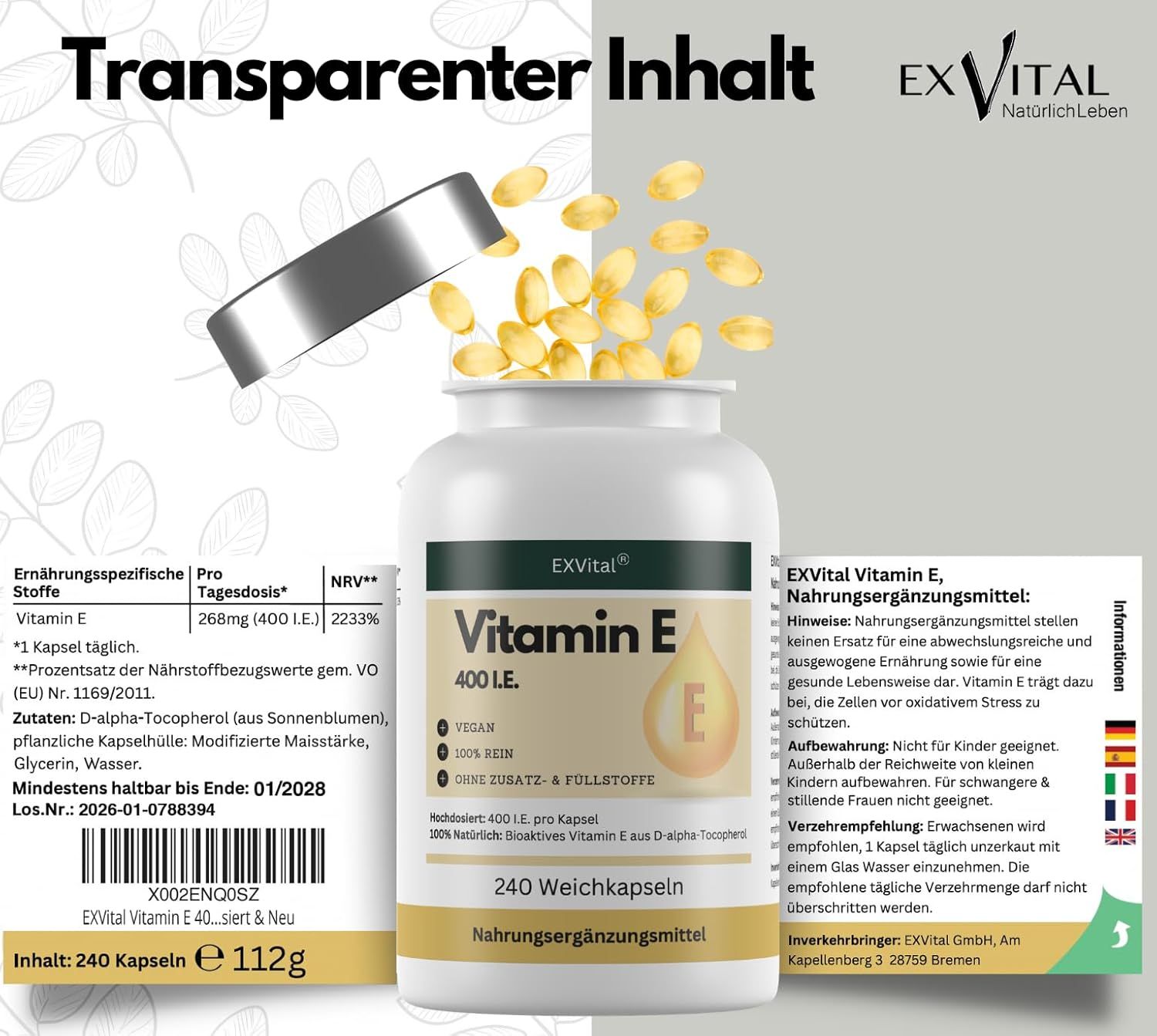Flacone EXVital Vitamina E 400 UI 240 capsule molli. Valori nutrizionali e ingredienti.
