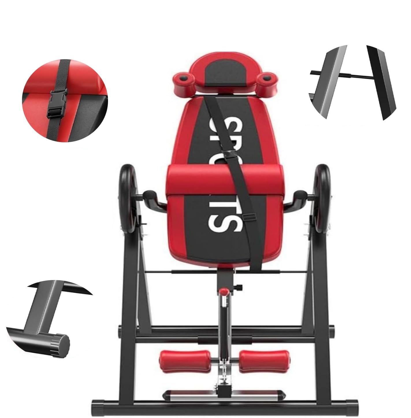 Panca ad inversione rossa e nera. Poggiatesta, braccioli e poggiapiedi regolabili. Struttura nera.