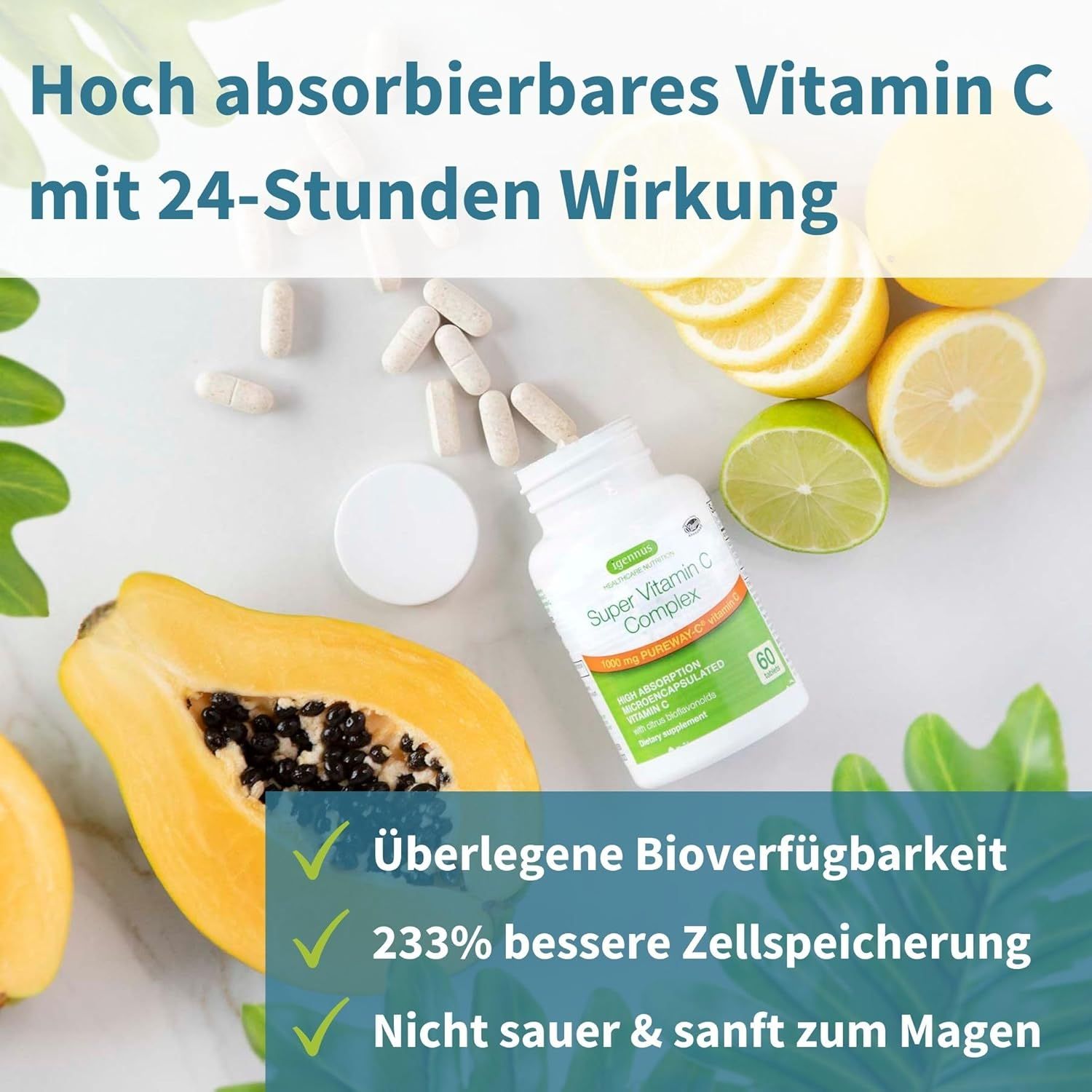 Compresse, flacone, papaya, limoni e lime. Testo: Vitamina C altamente assorbibile con effetto 24 ore.
