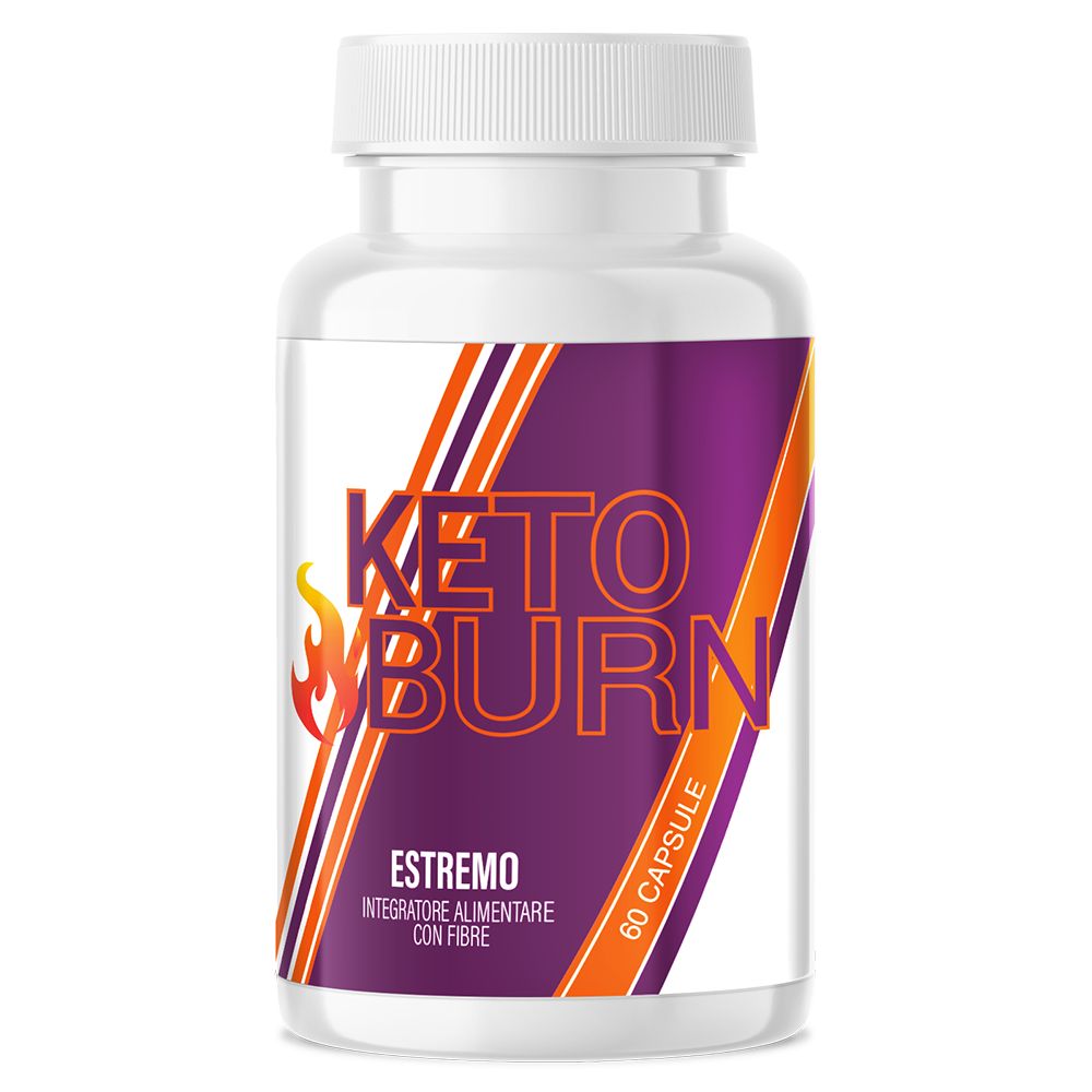 Flacone bianco con etichetta viola-arancione. Scritta: KETO BURN, ESTREMO, 60 capsule. Integratore alimentare.