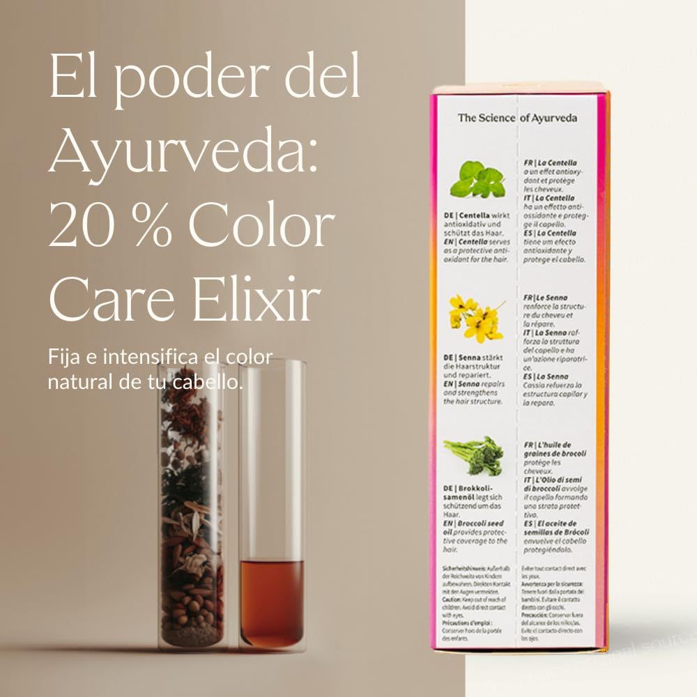 Due provette di vetro con ingredienti e confezione del prodotto. Testo: 20% Color Care Elixir.