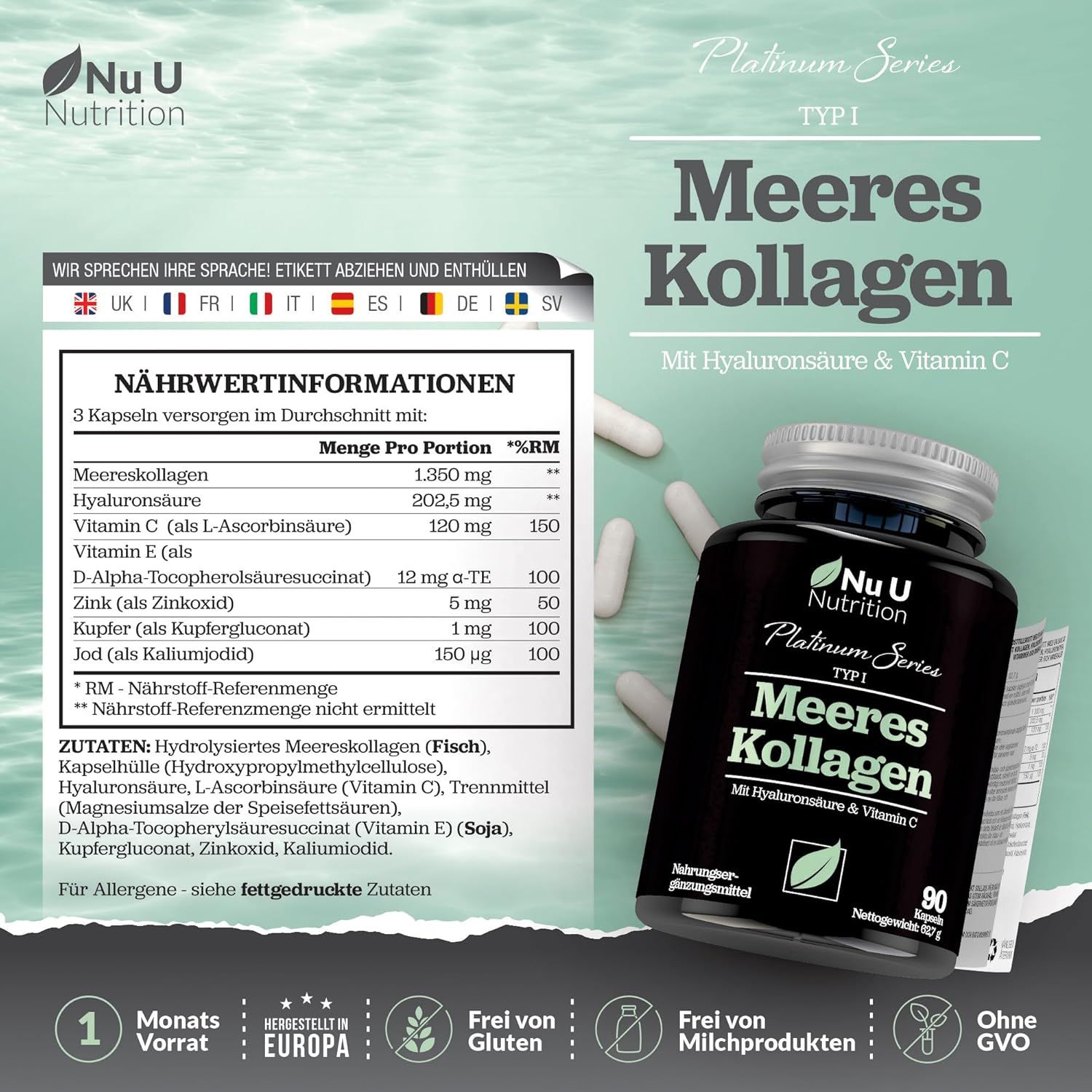 Flacone scuro con capsule. Scritta: Nu U Nutrition, Meeres Kollagen, Tipo I, con acido ialuronico e vitamina C. 90 capsule.