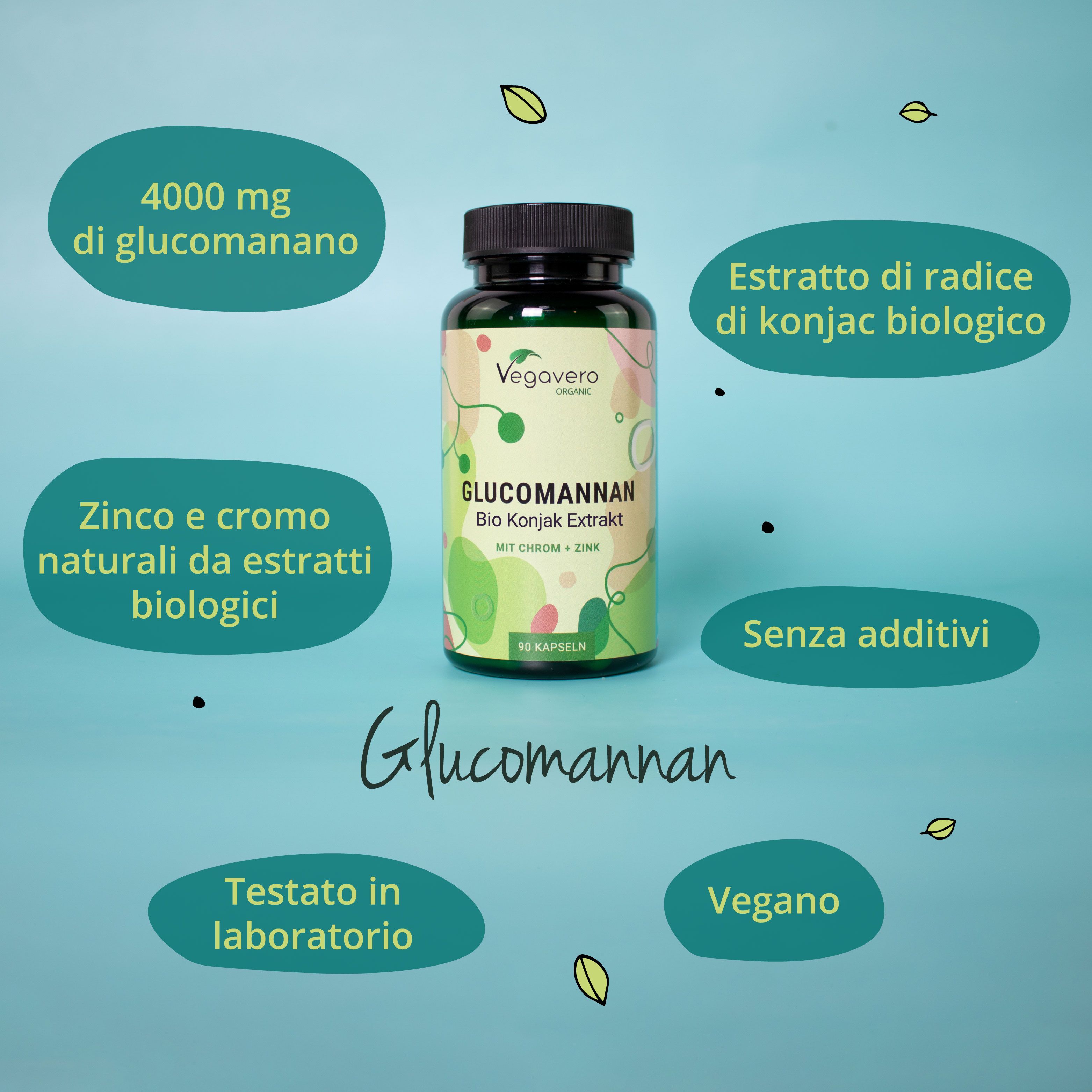Flacone di capsule circondato da fumetti. Contiene informazioni su Glucomannano, estratto di konjac bio, zinco, cromo e vegano.