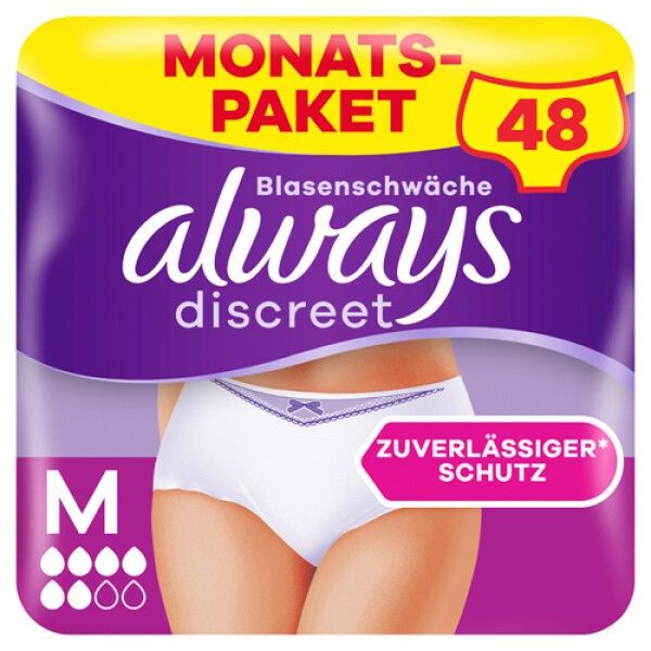 Confezione di Always Discreet mutandine per incontinenza taglia M. Contiene 48 mutandine. Taglia M.