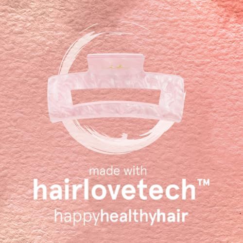 Fermaglio rosa con testo: Made with hairlovetech, happy healthy hair.