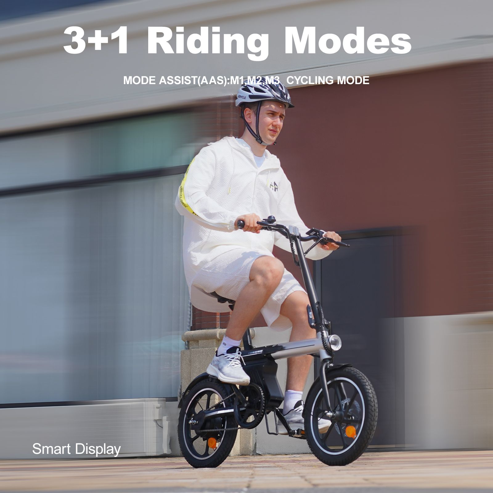 E-bike pieghevole, nero-argento, con ciclista. 3+1 modalità di guida. Display intelligente.