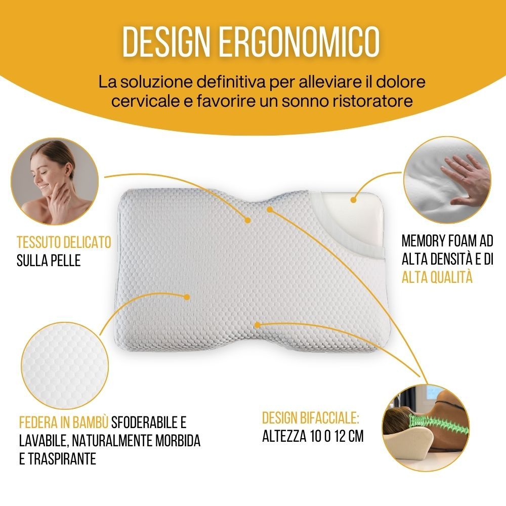 Cuscino ergonomico. Bianco. Memory foam. Fodera in bambù. Design bifacciale.