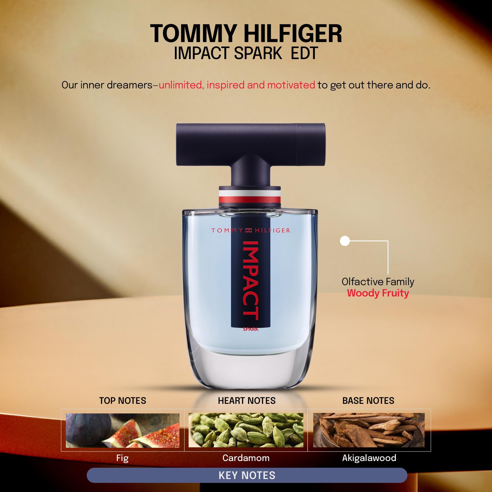 Tommy Hilfiger Impact Spark Eau de Toilette. Flacone con note di fico, cardamomo e akigalawood.