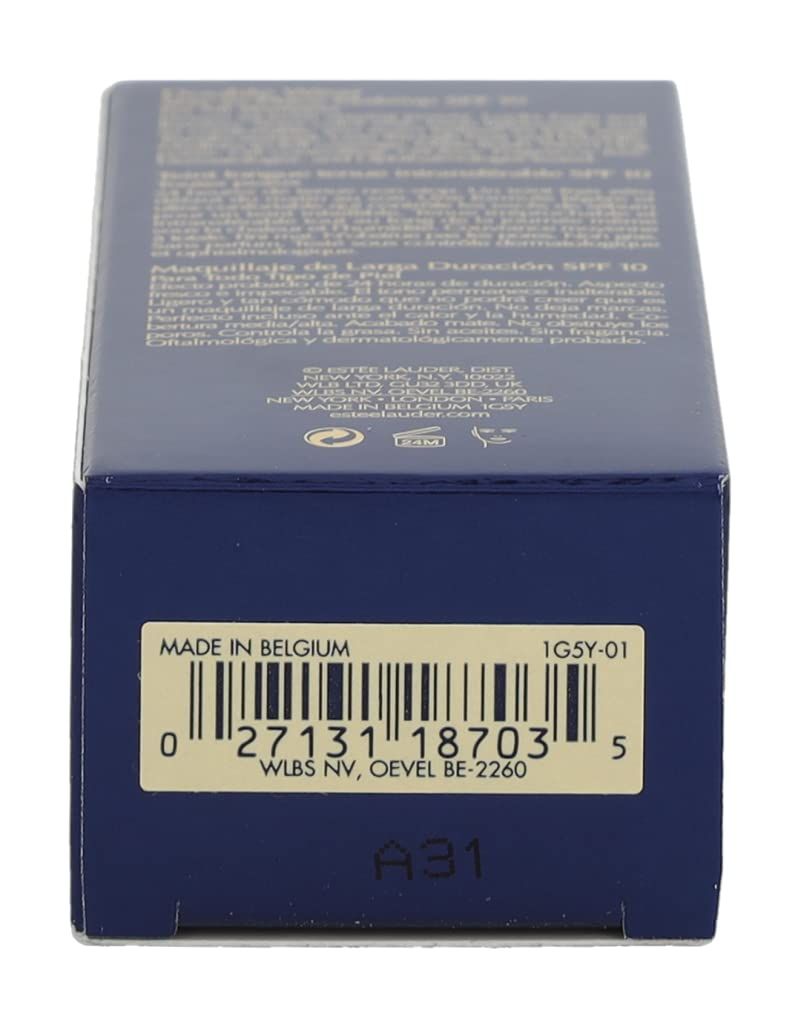 Fondo della confezione blu scuro. Codice a barre e informazioni del produttore. Scritta: Made in Belgium.
