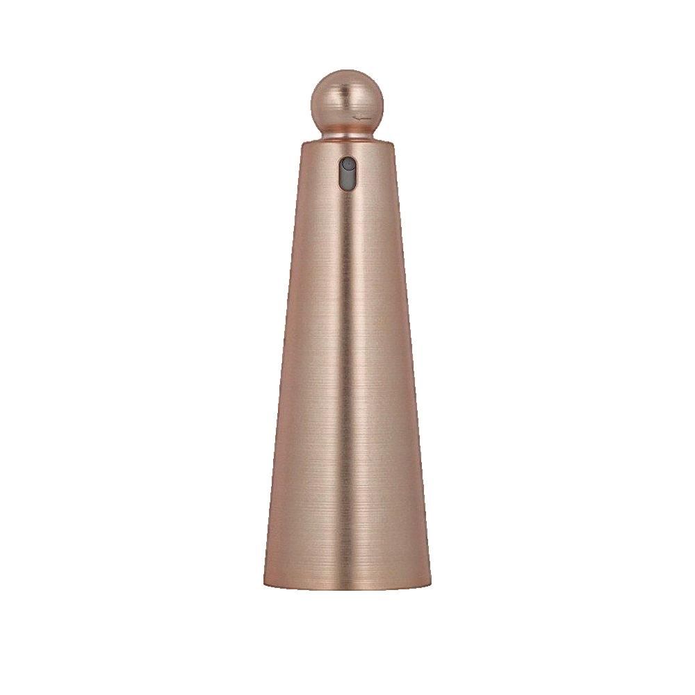 Flacone a forma di cono con tappo sferico. Superficie rosa metallizzato. Piccolo elemento scuro sotto il tappo.