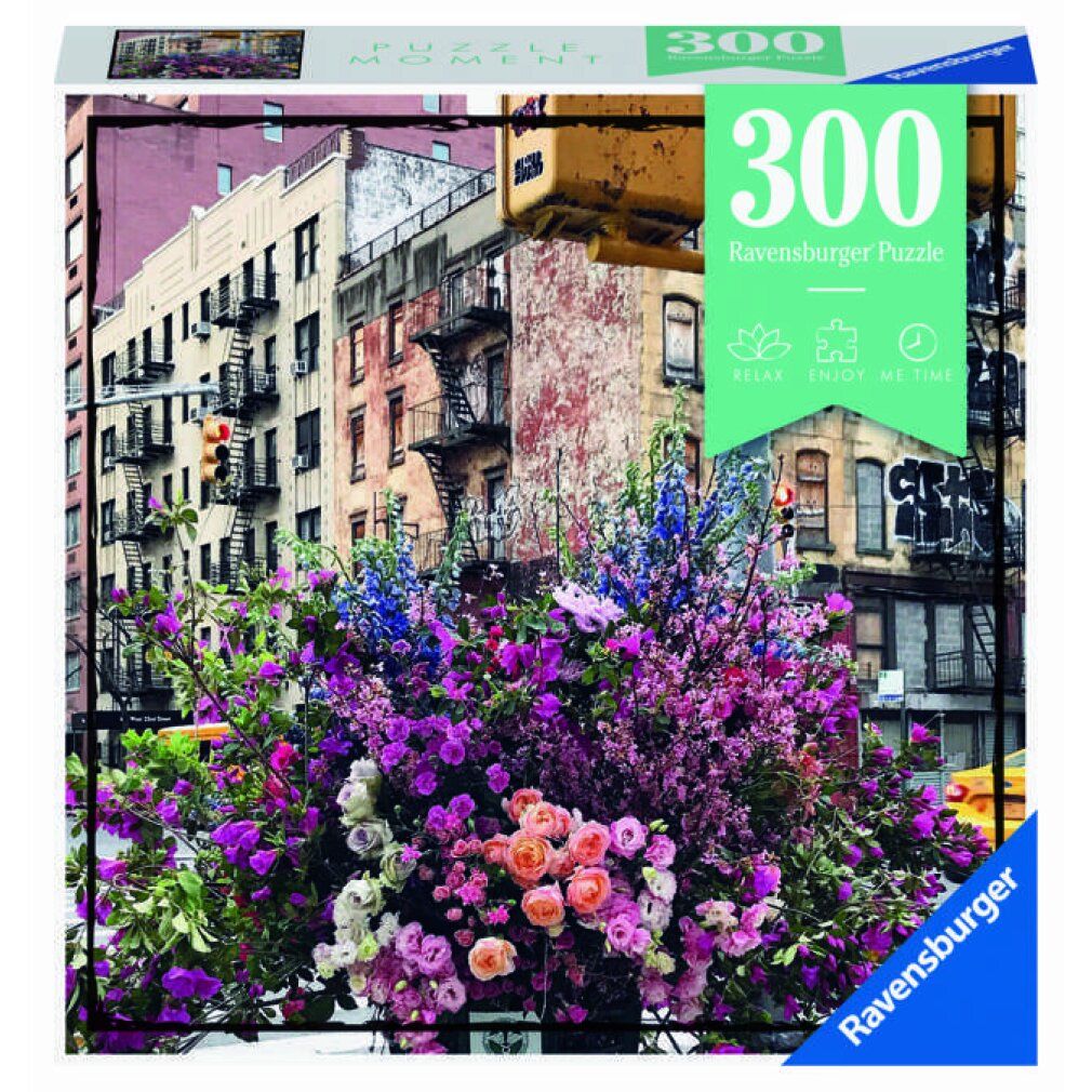 Scatola puzzle Ravensburger da 300 pezzi. Immagine: Fiori a New York. Scritto: Puzzle Moment.