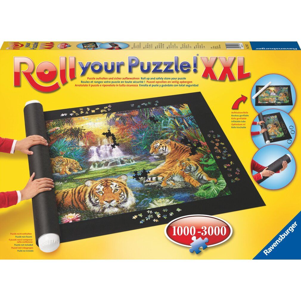 Tappetino per puzzle con puzzle arrotolato e accessori. Tappetino nero, puzzle di tigri, rullo. Confezione con nome del prodotto.