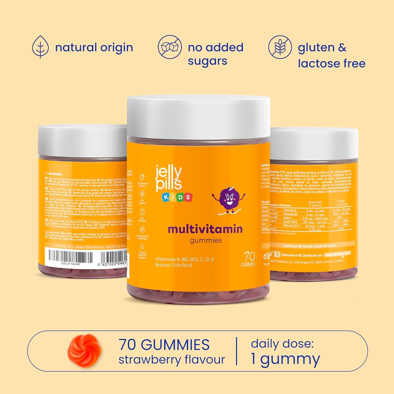 Tre barattoli di caramelle gommose multivitaminiche. Scritta: Jelly Pills Kids. 70 caramelle gommose. Senza glutine e lattosio.