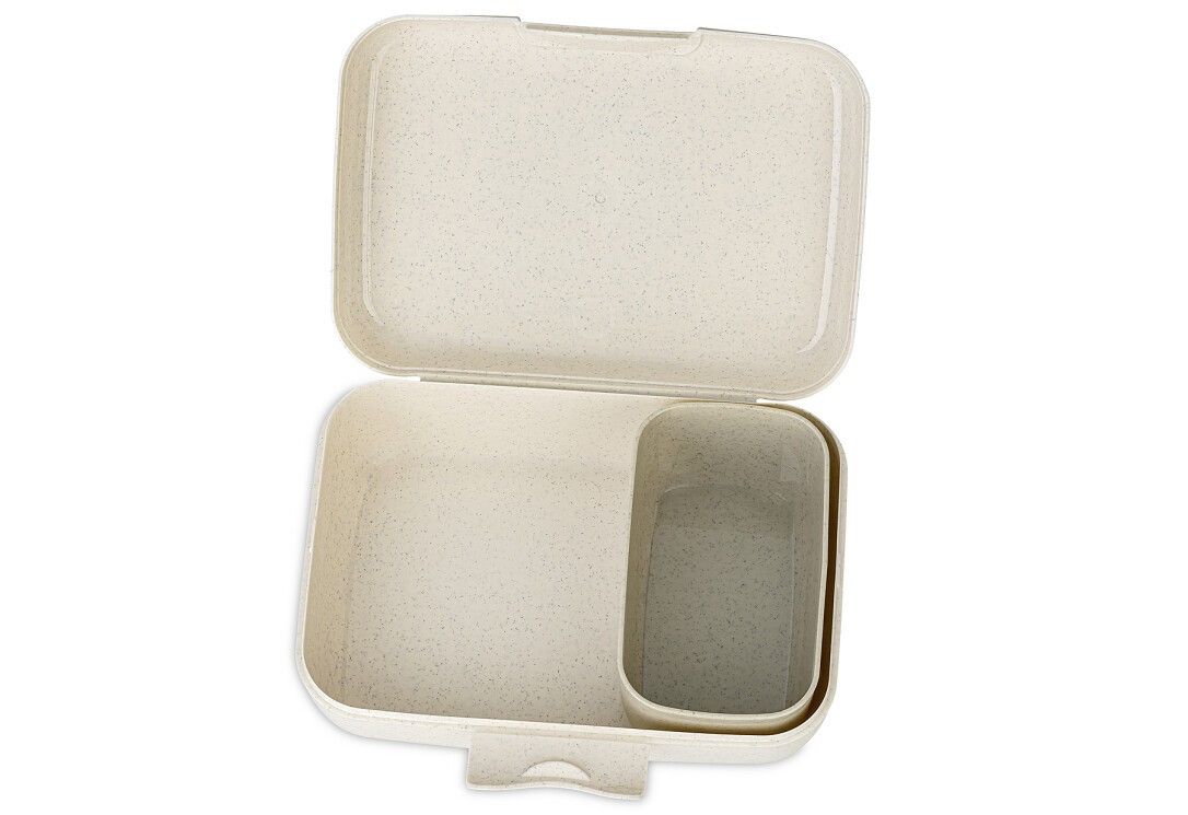 Lunchbox aperta con scomparto. Beige, rettangolare. Interno con un vano e un contenitore rettangolare più piccolo.