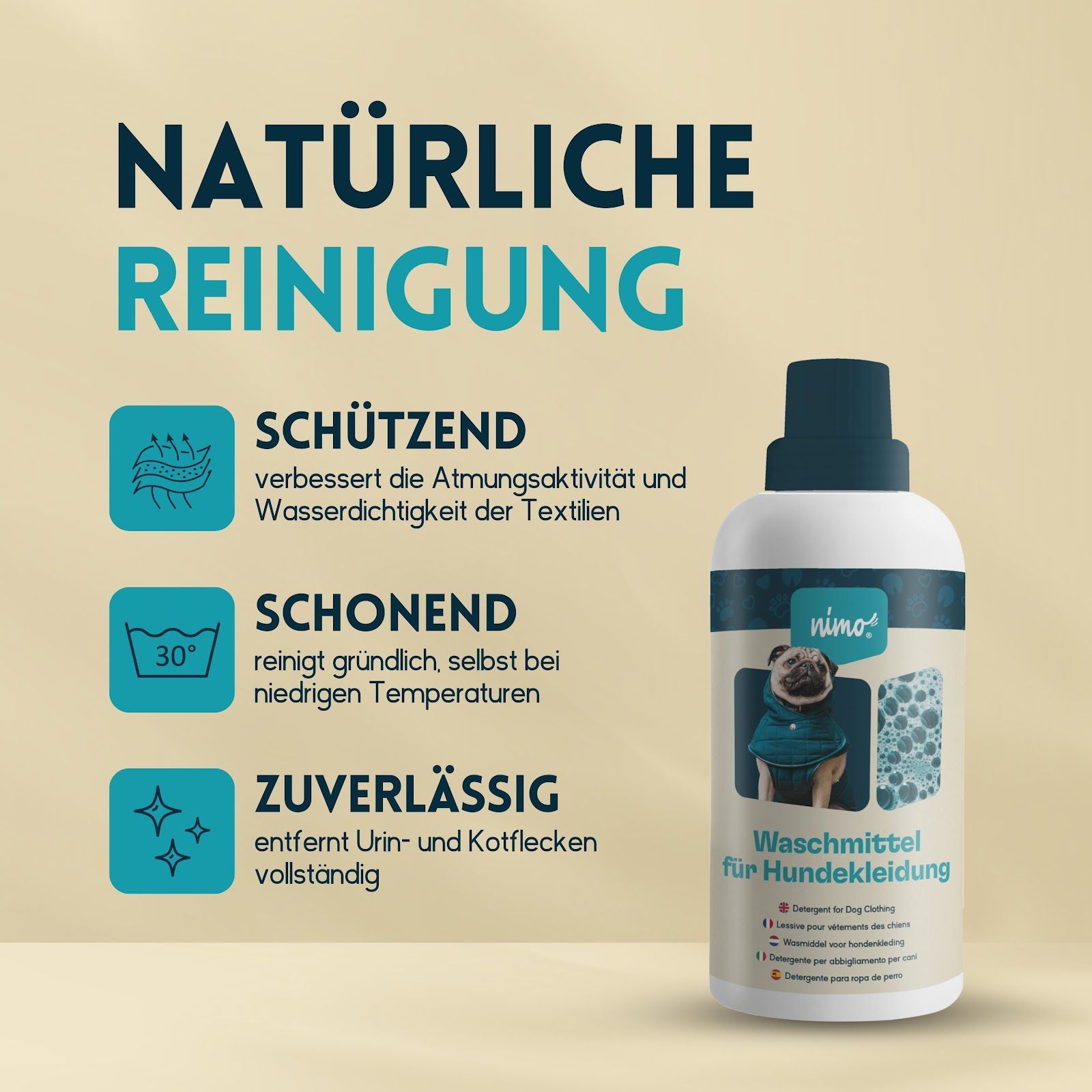 Bottiglia bianca, tappo blu. Testo: Waschmittel für Hundebekleidung. Testo: Pulizia naturale, protettiva, delicata, affidabile.