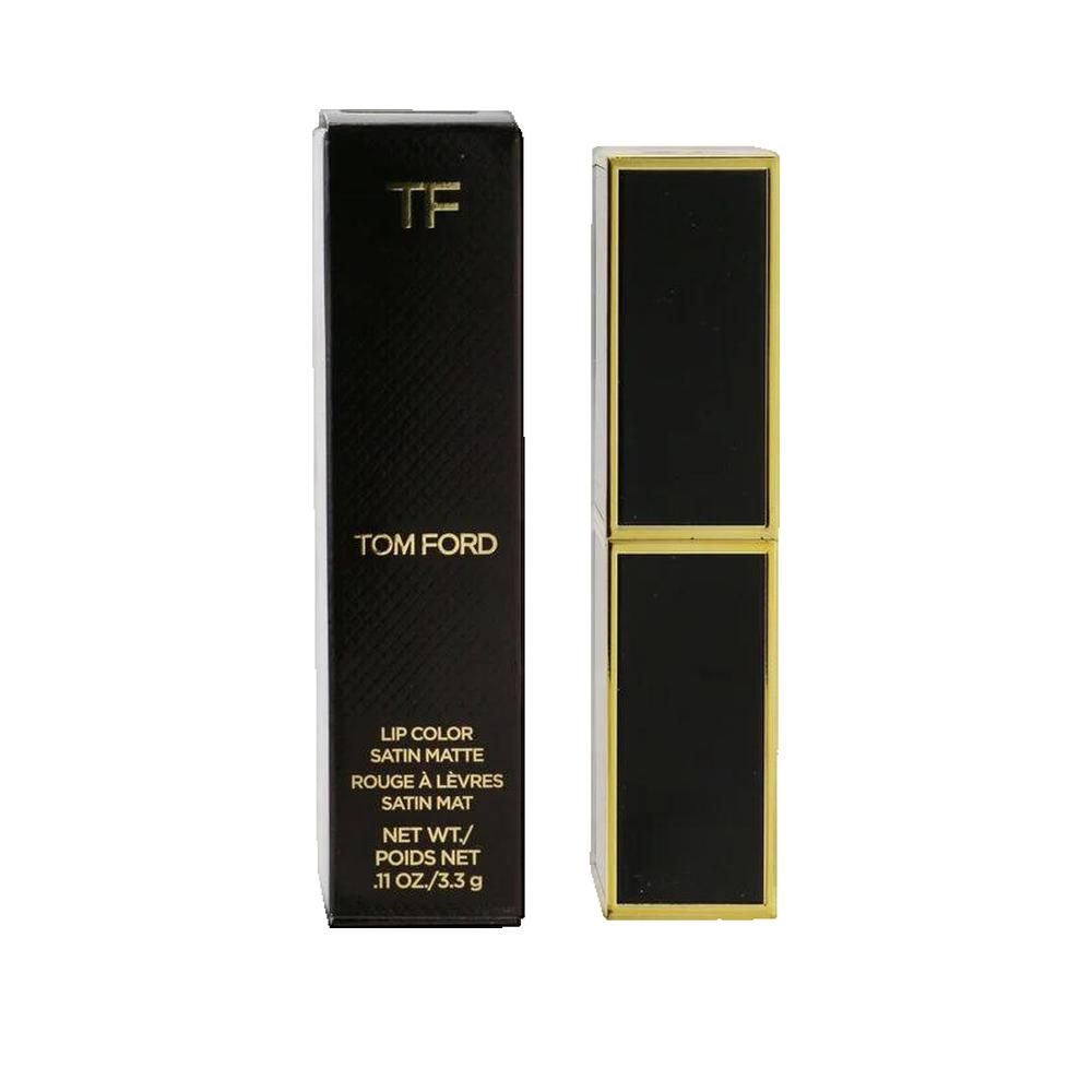 Confezione di rossetto nera con dettagli dorati. Scritta: Tom Ford, Lip Color Satin Matte, Rouge à Lèvres Satin Mat.