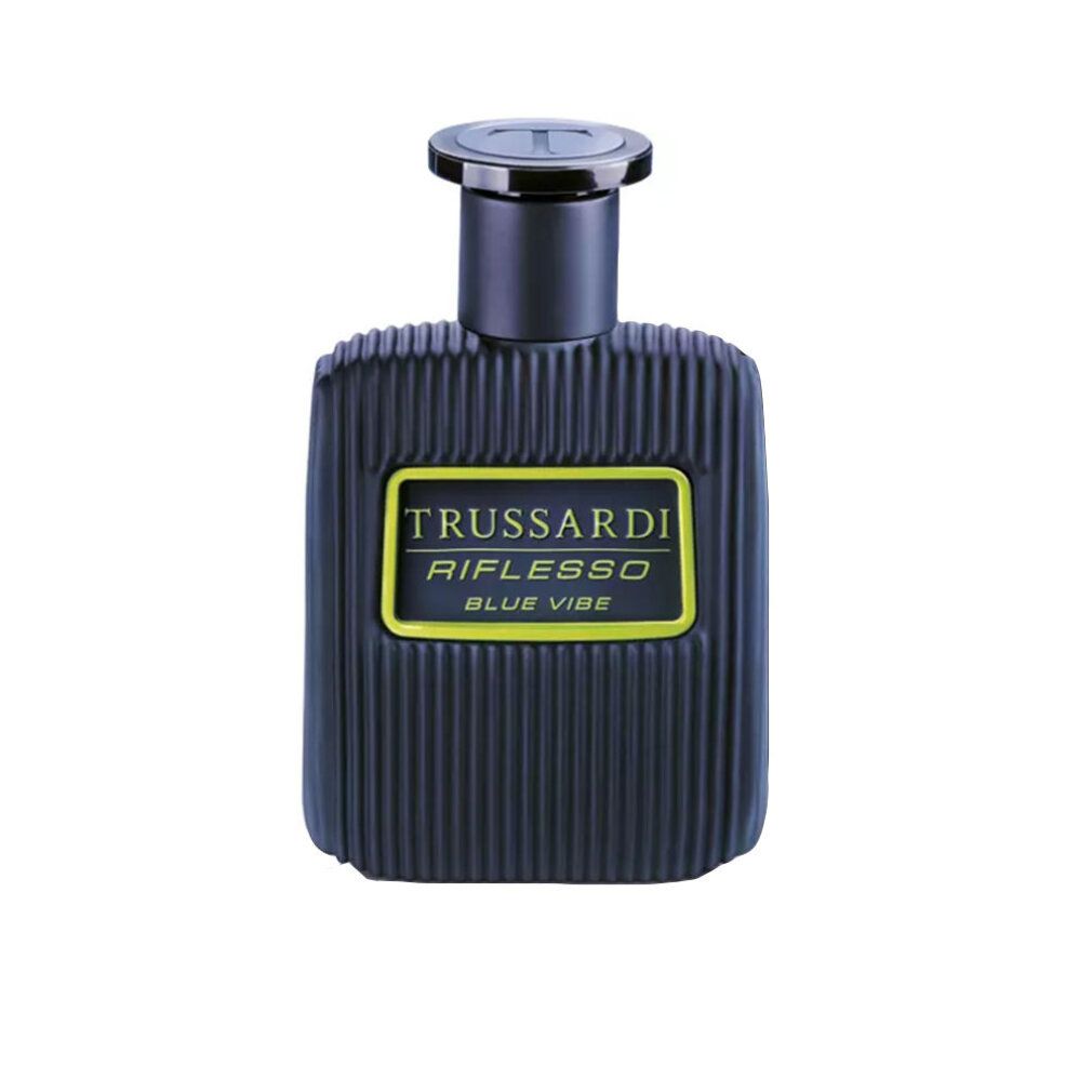 Flacone blu scuro. Scritta: Trussardi Riflesso Blue Vibe. Flacone con superficie scanalata. Cornice gialla.