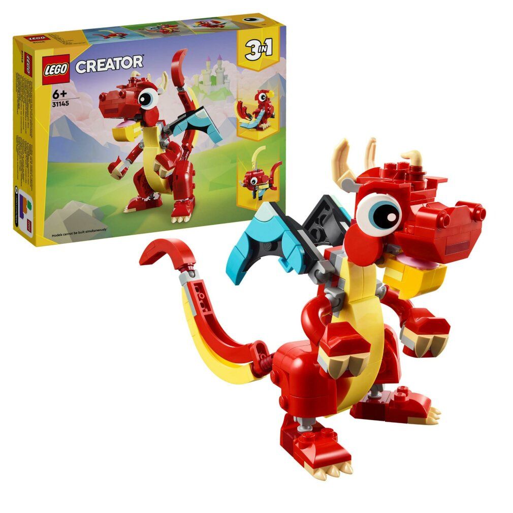 Drago LEGO rosso con pancia gialla e ali blu. Confezione con motivi 3 in 1.