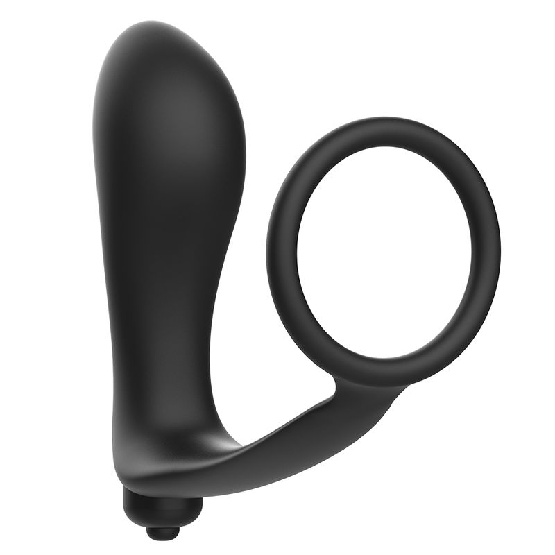 Vibratore anale nero con anello per il pene. Composto da un'asta curva e un anello. Su sfondo bianco.