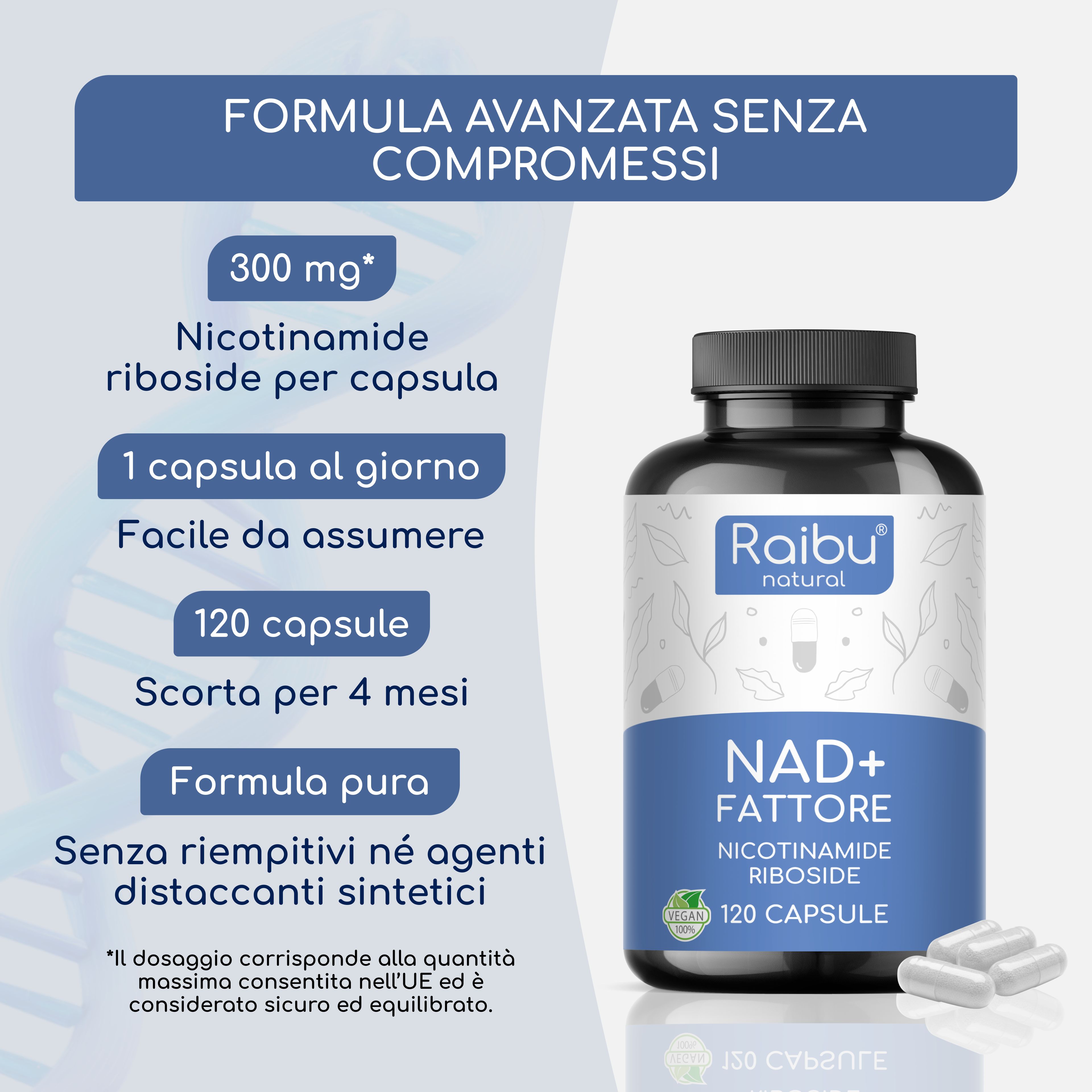 Flacone con 120 capsule. Testo: 300 mg di nicotinamide riboside per capsula. 1 capsula al giorno. Senza eccipienti sintetici. Sigillo vegano.