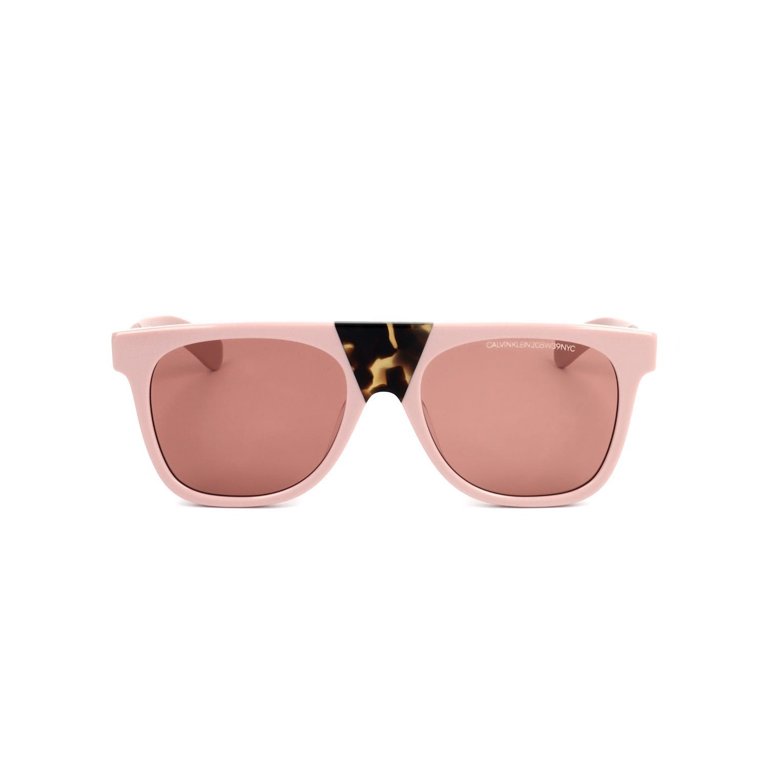 Occhiali da sole unisex rosa con dettaglio tartarugato sulla parte superiore e lenti rosa. Vista frontale.