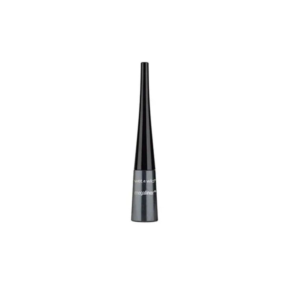 Eyeliner liquido nero. Flacone nero con scritta argentata: Mega Liner. Punta nera.