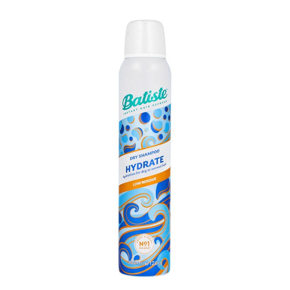 Batiste shampoo secco. Confezione cilindrica blu. Testo: Dry Shampoo Hydrate. Per capelli secchi. Basso residuo.