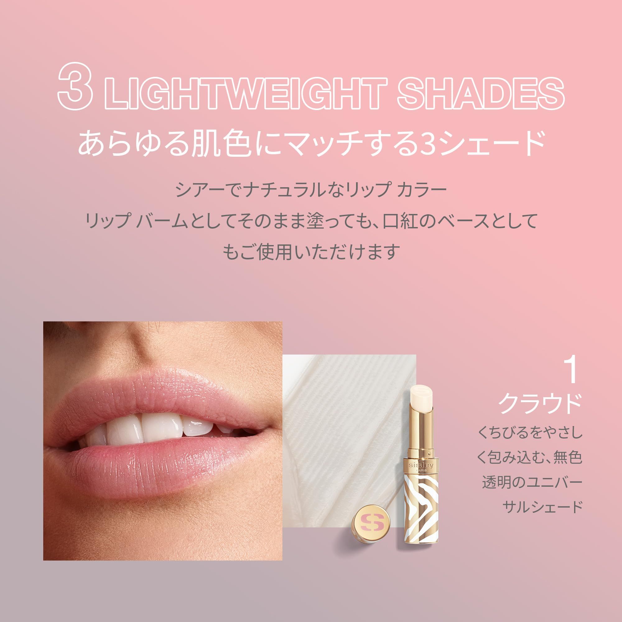 Applicazione del balsamo labbra. Labbra. Testo: 3 LIGHTWEIGHT SHADES. Rossetto con motivo zebrato.