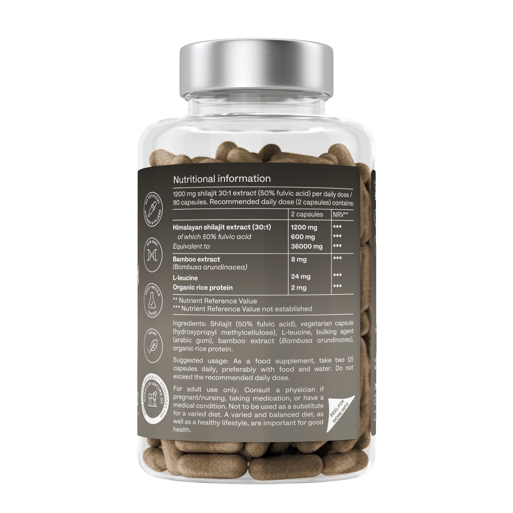 Retro di una bottiglia con capsule marroni. Etichetta con informazioni nutrizionali e ingredienti. Testo in inglese.