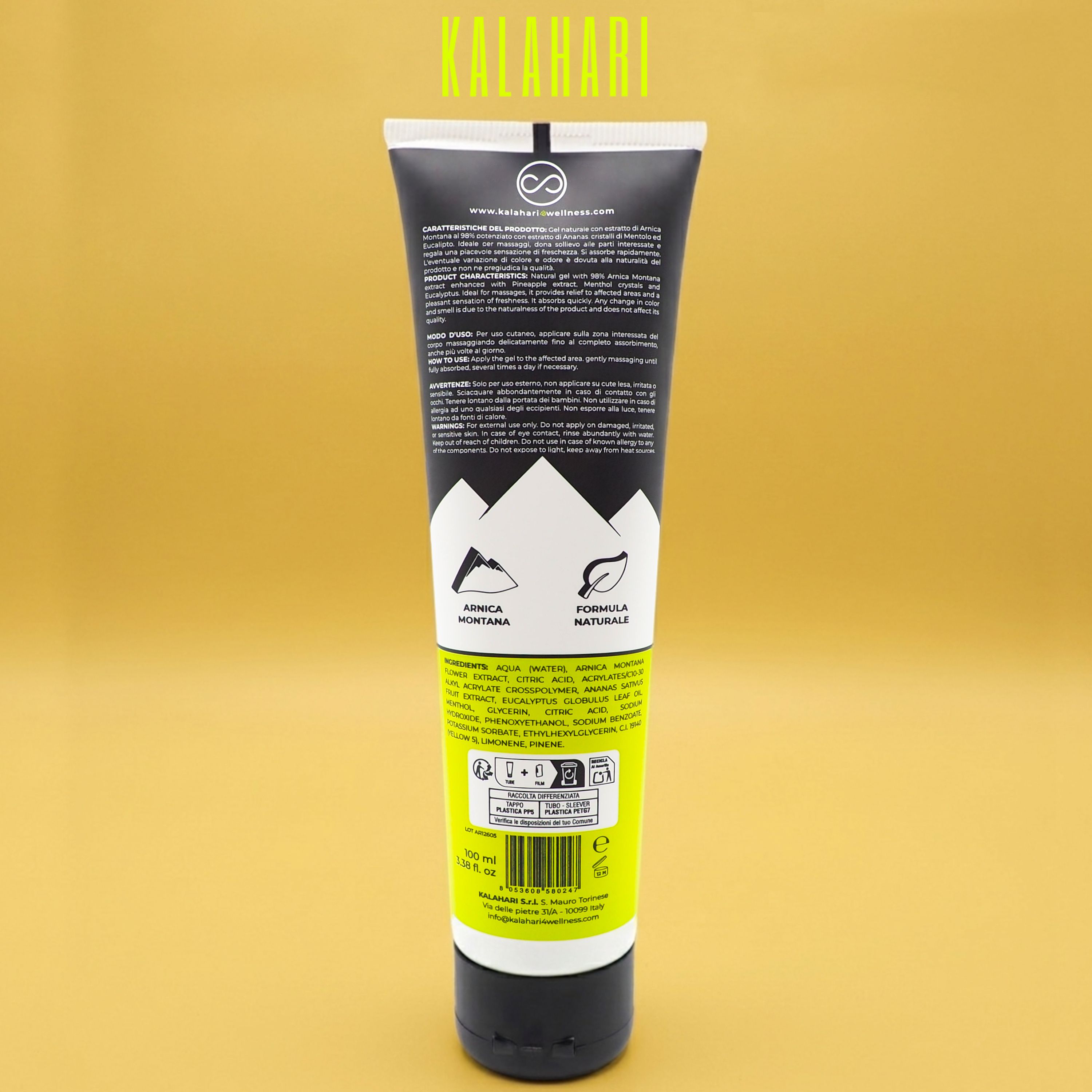 Retro di un tubo "Arnica 98% Estrema" con ingredienti e certificazioni.