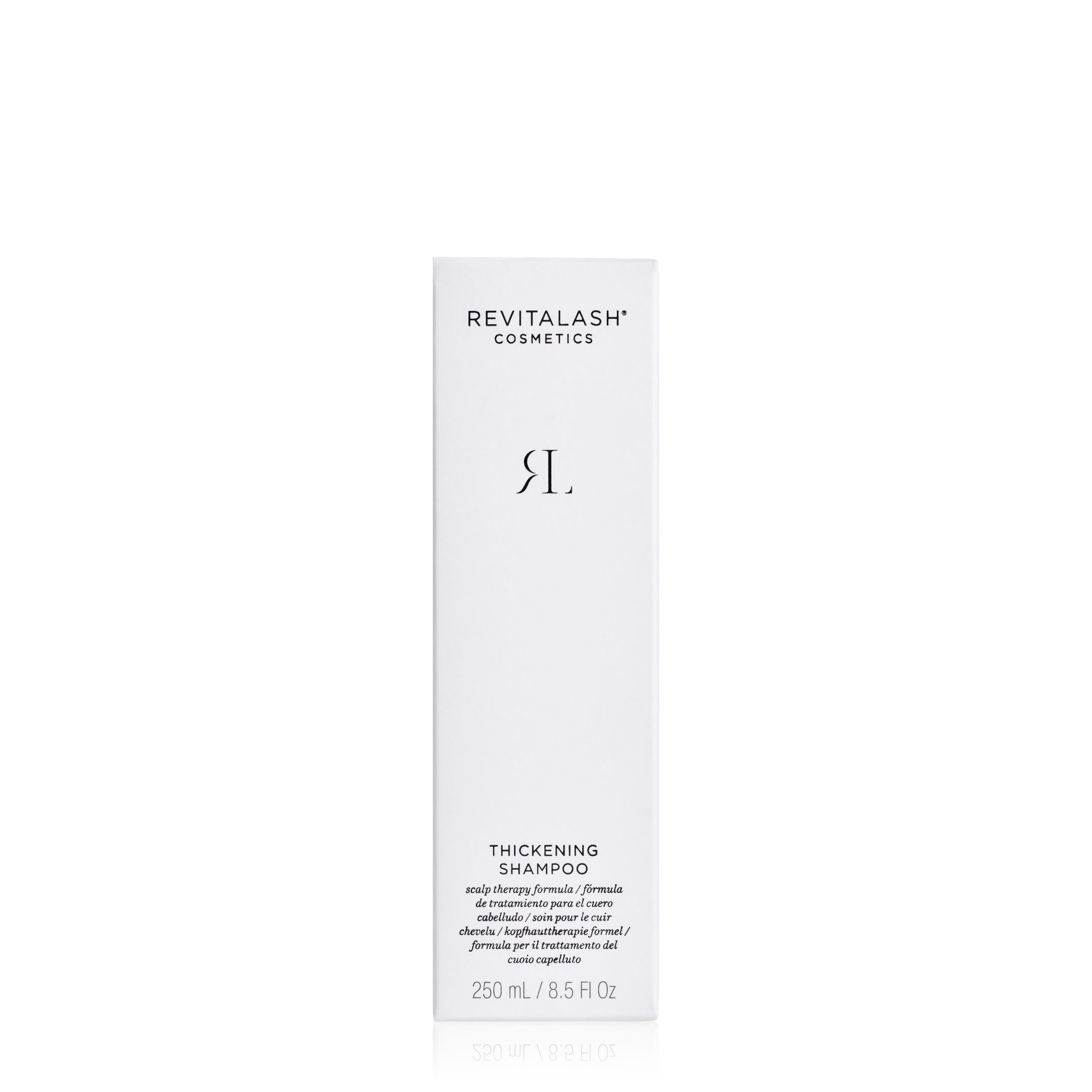 Scatola di RevitaLash Thickening Shampoo con informazioni sul prodotto.