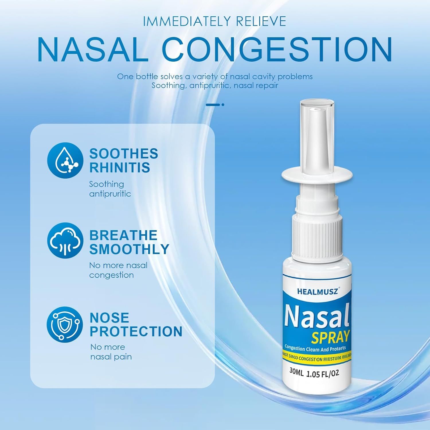 Flacone di spray nasale. Contenitore bianco con etichetta blu. Etichetta: Healmusz Nasal Spray. 30 ml.