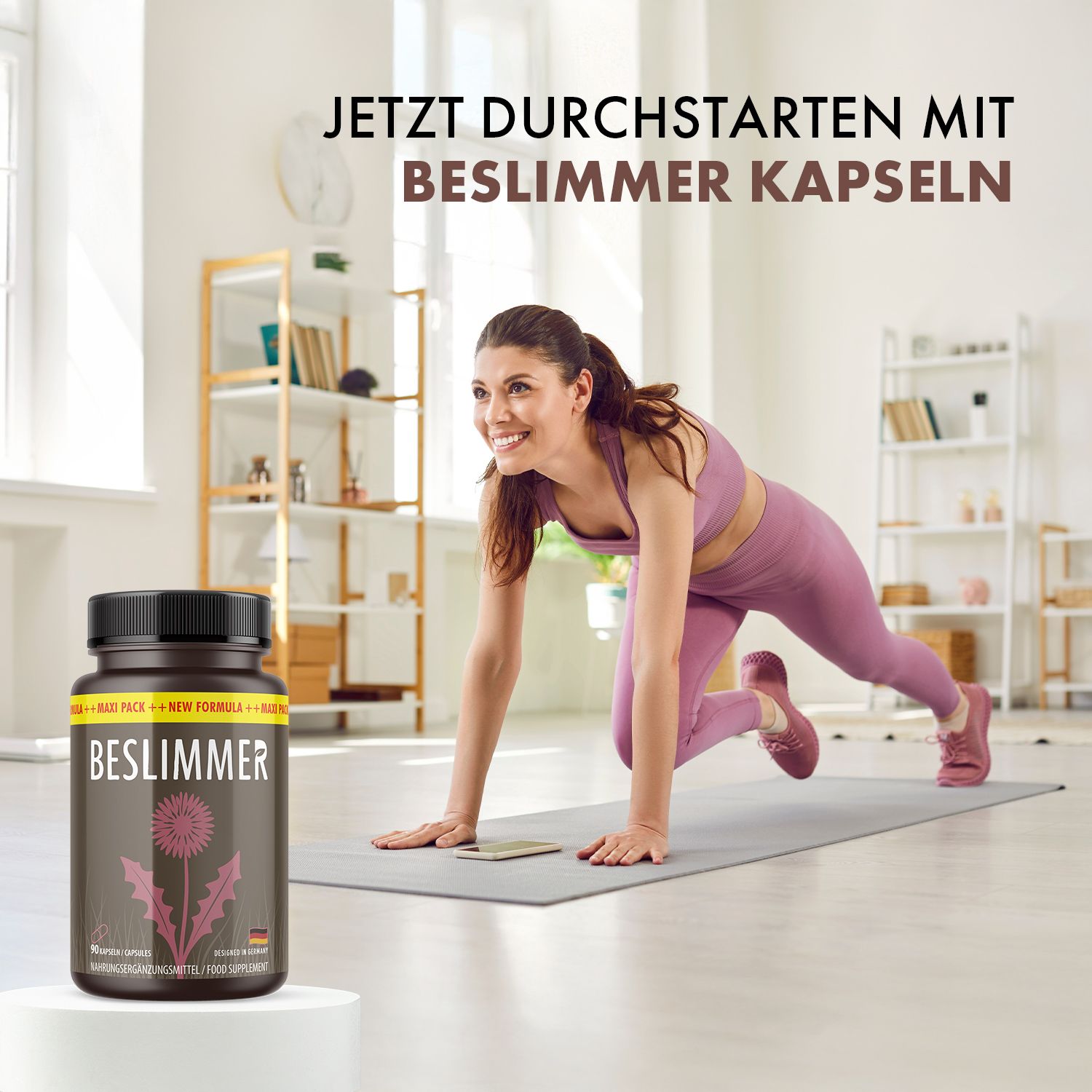 Donna si allena su tappetino. Flacone BESLIMMER nell'immagine. Testo: Inizia ora con le capsule BESLIMMER.