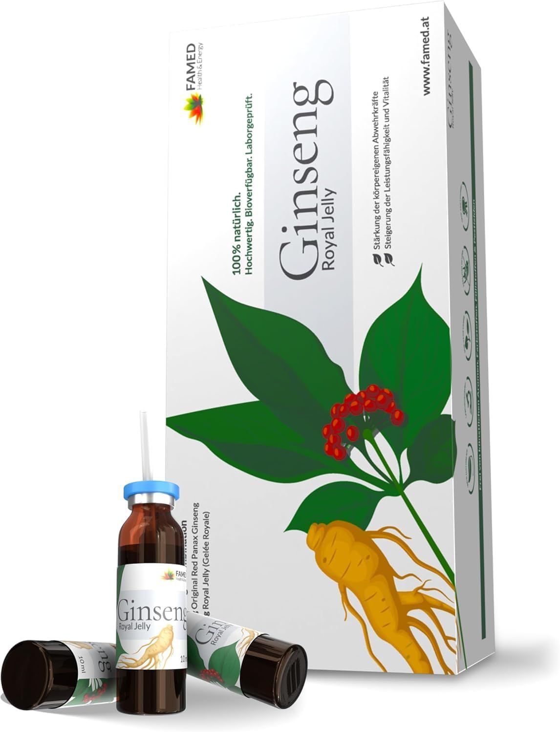 Confezione di fiale Ginseng Royal Jelly con illustrazione di radice e foglia di ginseng.