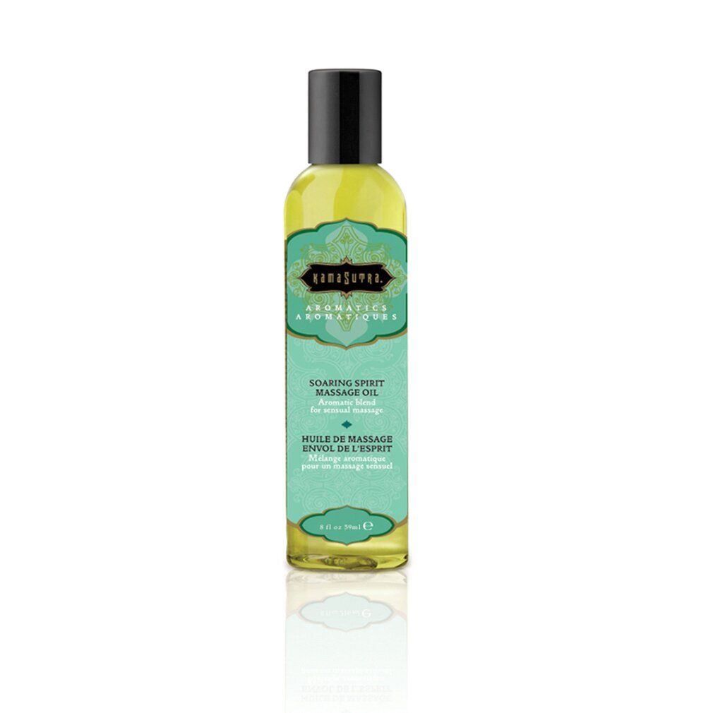 Olio per massaggio liquido in bottiglia con tappo nero. Scritta: Aromatics, Soaring Spirit Massage Oil. Etichette turchesi.