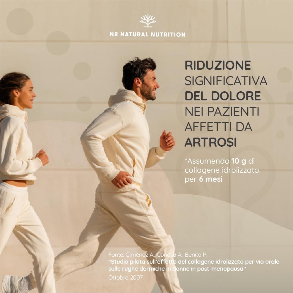 Due persone fanno jogging. Testo: Riduzione significativa del dolore nei pazienti con artrosi. Studio sul collagene idrolizzato.
