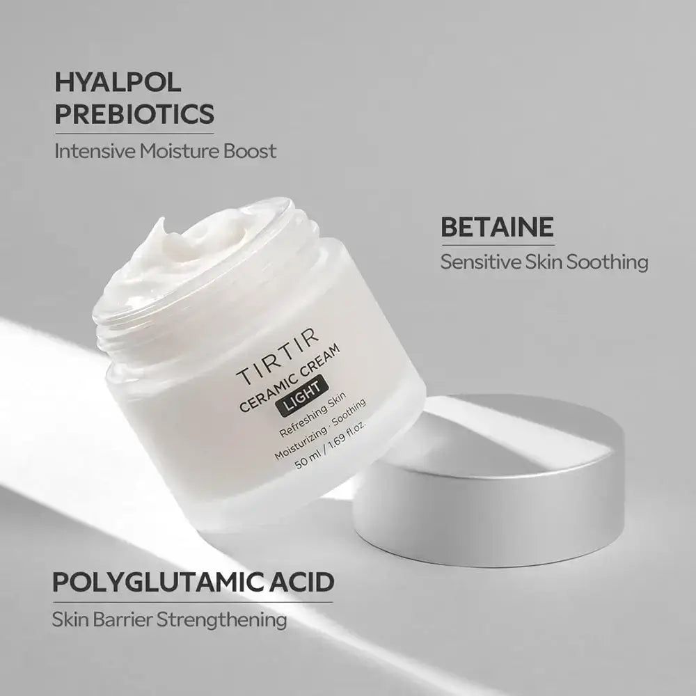 TIRTIR Ceramic Cream Light. Vasetto bianco con coperchio argentato. Testo: HYALPOL PREBIOTICS, BETANE, POLYGLUTAMIC ACID.