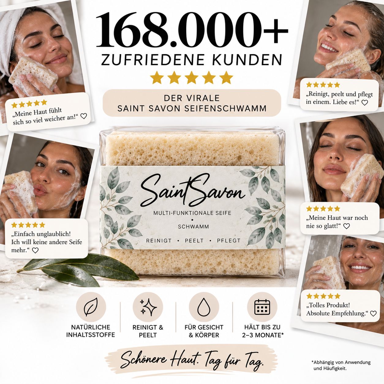 Immagine del prodotto spugna saponata Saint Savon circondata da recensioni di clienti soddisfatti.
