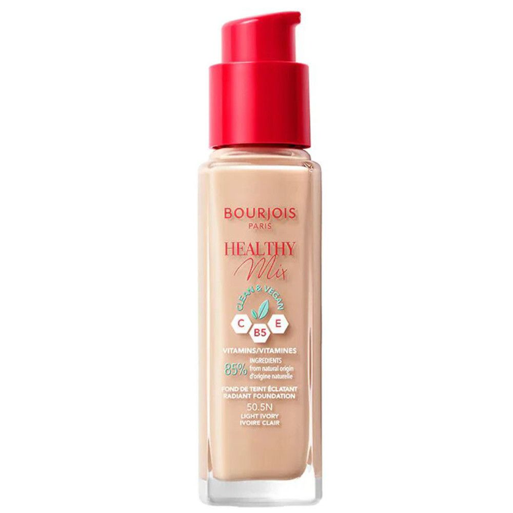 Fondotinta Bourjois Healthy Mix. Flacone con erogatore rosso. Scritta: Healthy Mix, 50.5N Light Ivory.