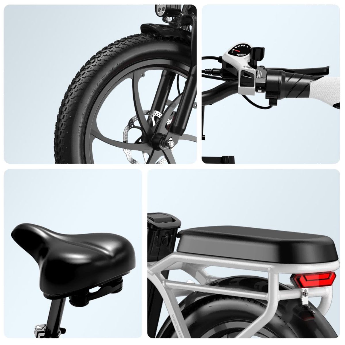 Viste dettagliate di una bicicletta elettrica: pneumatici, manubrio, sella e fanale posteriore. Elementi neri e bianchi.