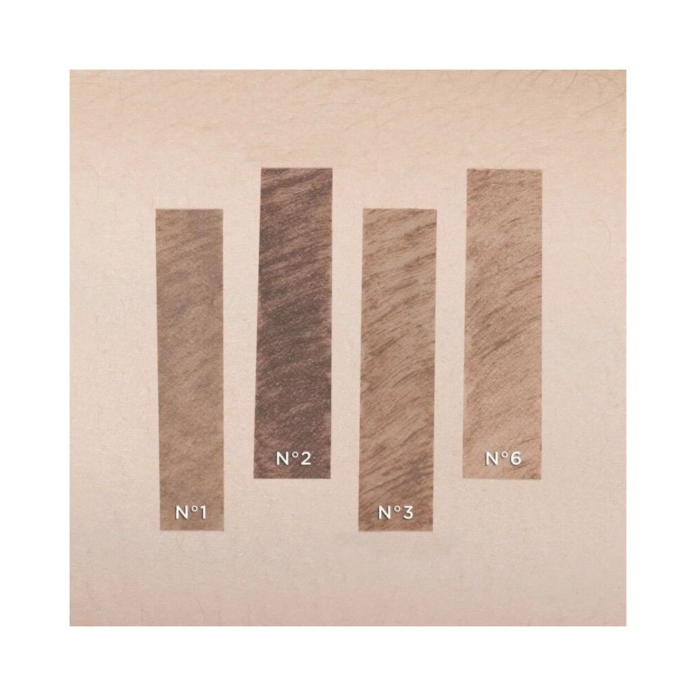 Quattro campioni colore di Artdeco Brow Filler. Le tonalità variano dal marrone chiaro allo scuro. Numerati da 1 a 6.