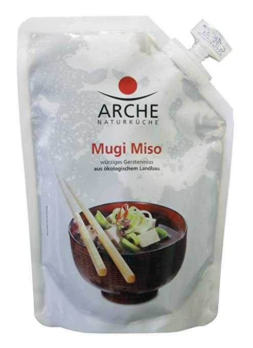 Busta stand-up Arche Mugi Miso con un'immagine di zuppa miso e bacchette.