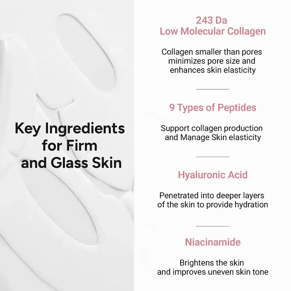 Testo: Key Ingredients for Firm and Glass Skin. Contiene 243 Da Low Molecular Collagen, 9 tipi di peptidi, acido ialuronico, niacinamide.