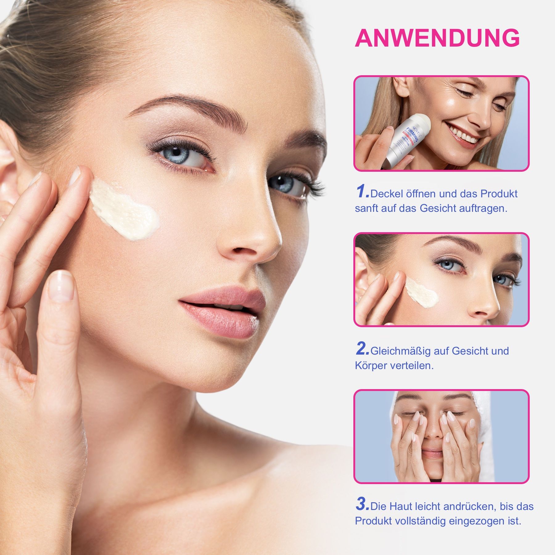 Applicazione di ALIVER Firming Serum Stick. La donna applica il prodotto sul viso e lo distribuisce.
