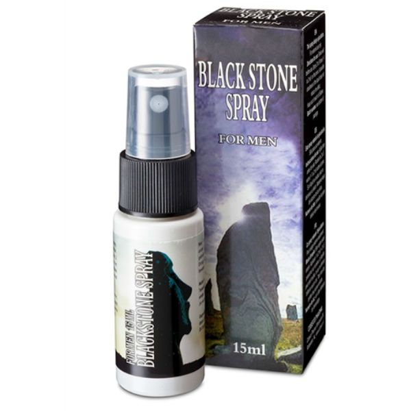 Flacone spray e scatola. Scritta: Black Stone Spray For Men. Flacone con erogatore spray. Scatola con motivo paesaggistico.