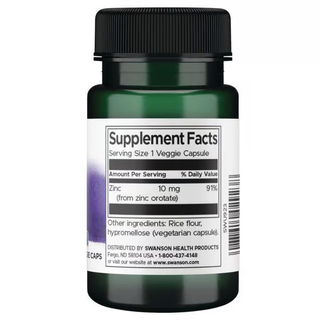 Retro del flacone verde. Etichetta con "Supplement Facts", "Zinc 10 mg" e ingredienti. Tappo nero.
