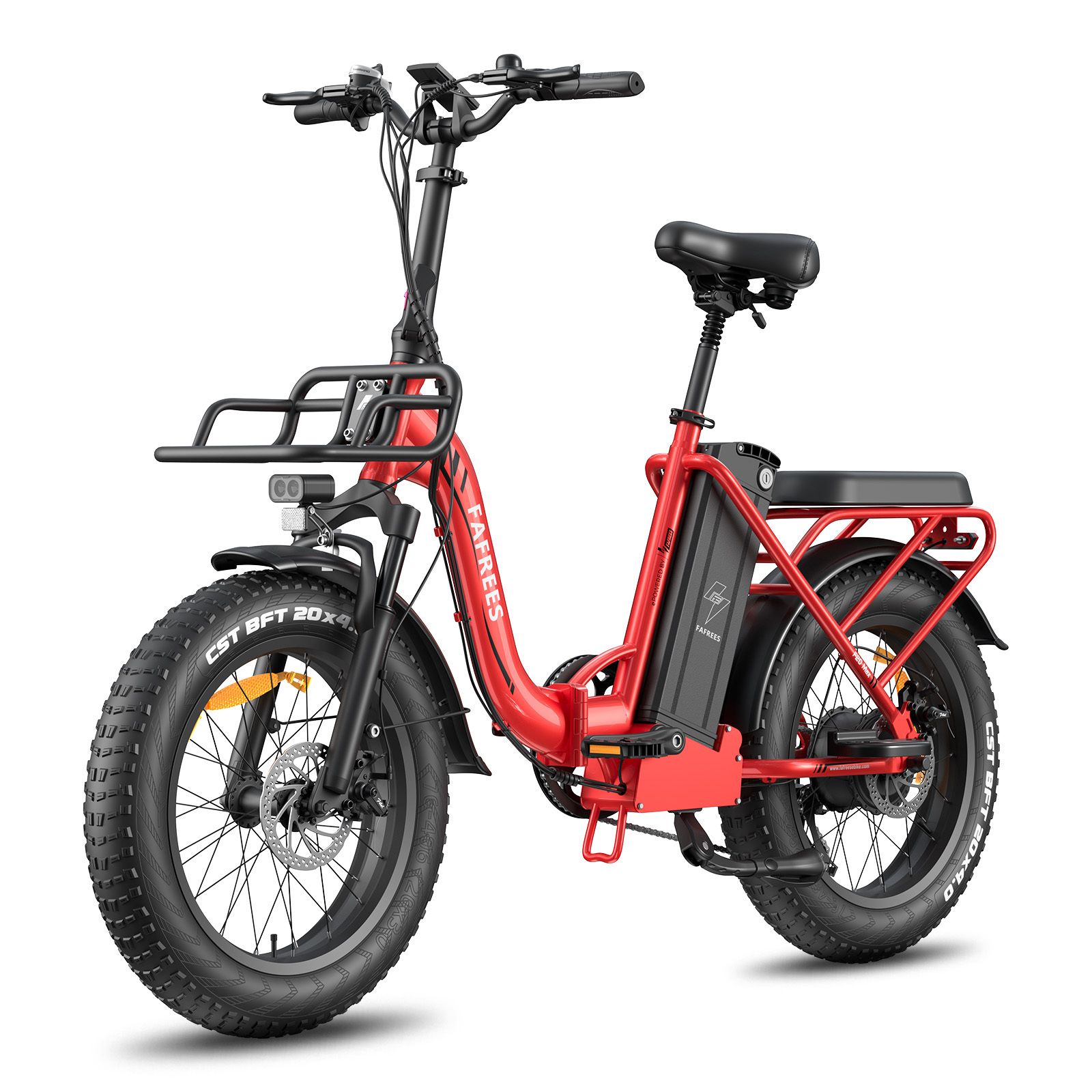 E-bike pieghevole rosso con cestino, pneumatici e sella neri. Logo FAFREES visibile. Con batteria e display LCD.