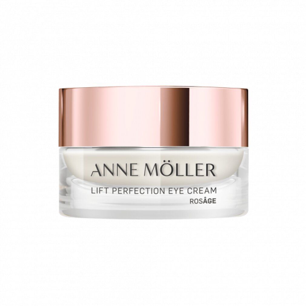 Vasetto di crema con coperchio color oro rosa. Scritta: ANNE MÖLLER, LIFT PERFECTION EYE CREAM, ROSÂGE.