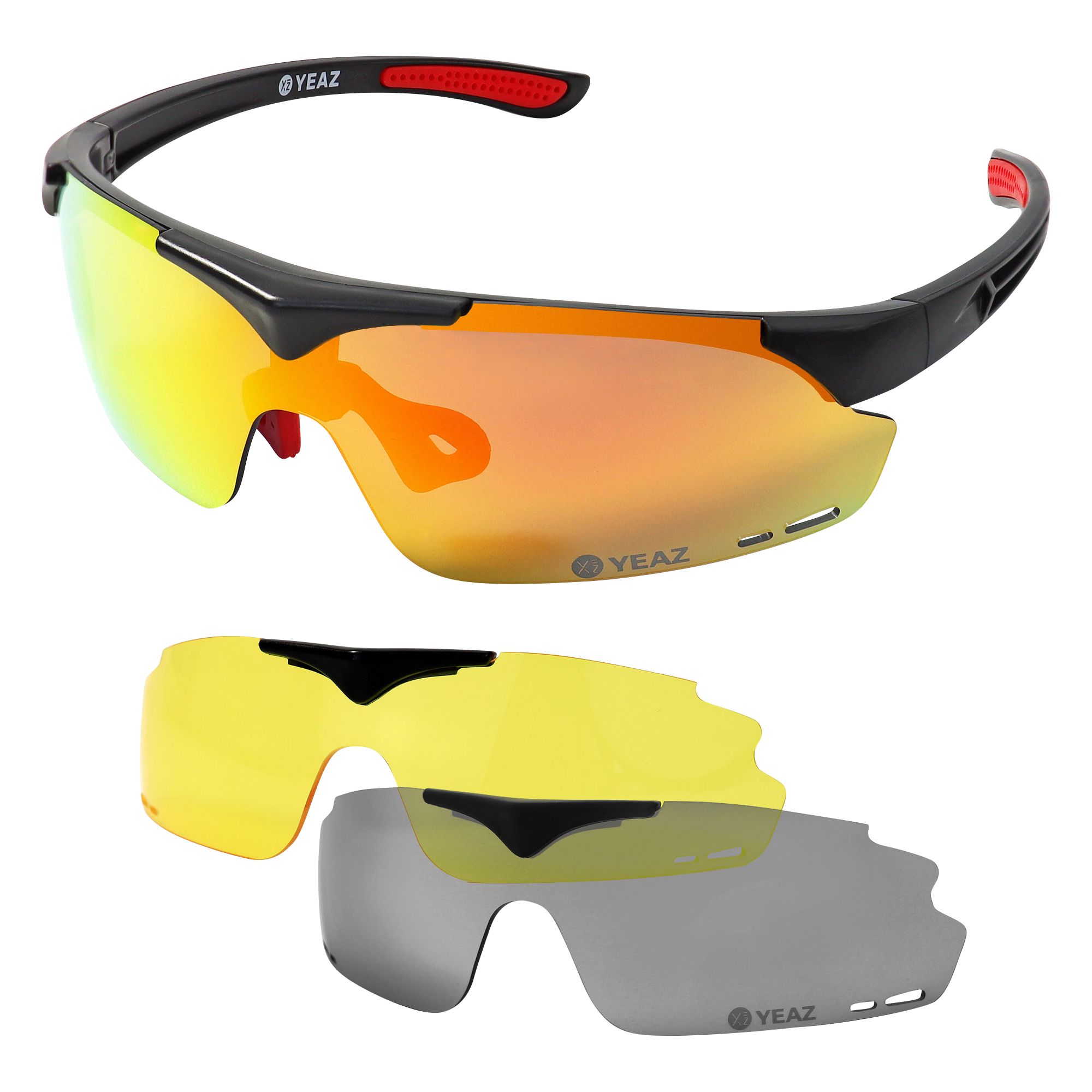 Occhiali da sole sportivi con montatura nera e lenti a specchio giallo-arancio. Include lenti intercambiabili gialle e grigie.